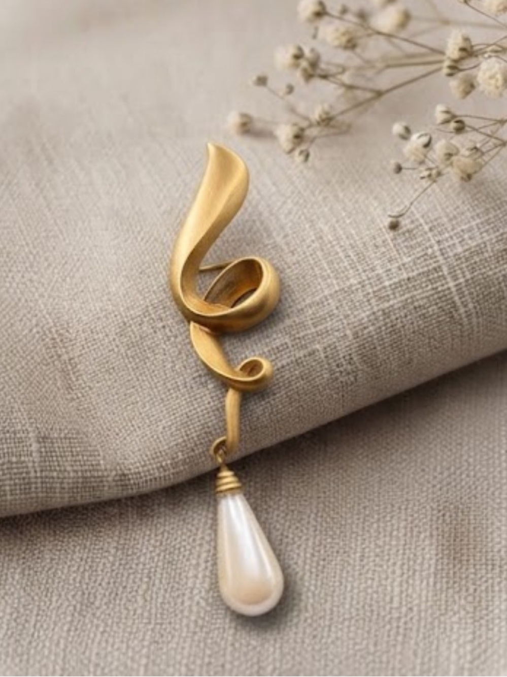 Gold Swirl Brooch with Pearl Drop